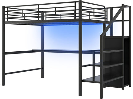 Full Size Loft Bed With Desk, Storage Staircase, Small Wardrobe And LED Light - Black