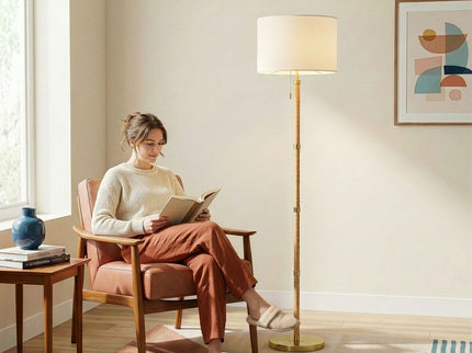 Stellar - Linen Shade Floor Lamp - Gold / Natural Wood / Rattan / White