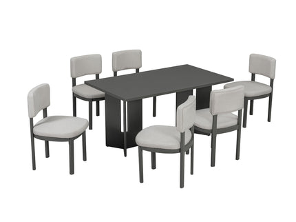 Dining Table Set With 6 Upholstered Chairs, Rectangular Table With Cutout Legs