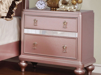 Nightstand With Mirror Accent Panels, 2 Drawer Design - Rose Gold