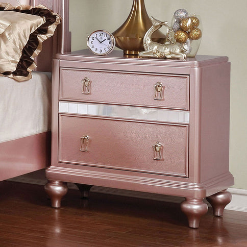 Nightstand With Mirror Accent Panels, 2 Drawer Design - Rose Gold
