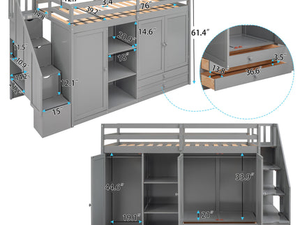 Loft Bed With 3 Shelves, 2 Wardrobes, 2 Drawers, Ladder Storage