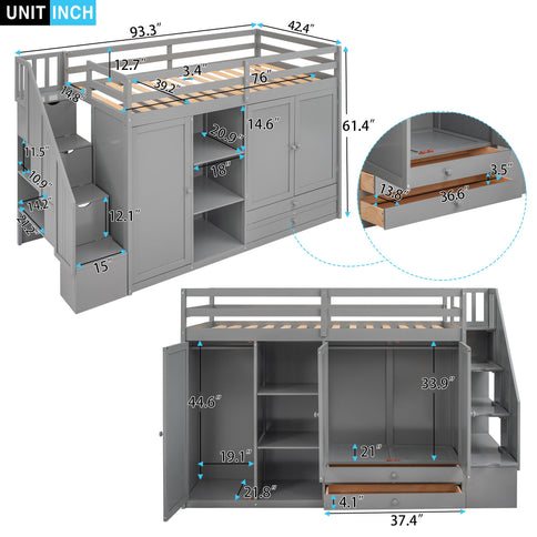 Loft Bed With 3 Shelves, 2 Wardrobes, 2 Drawers, Ladder Storage