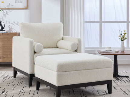 Farmhouse Upholstered Accent Chair With Ottoman, Reversible Lid Coffee Table