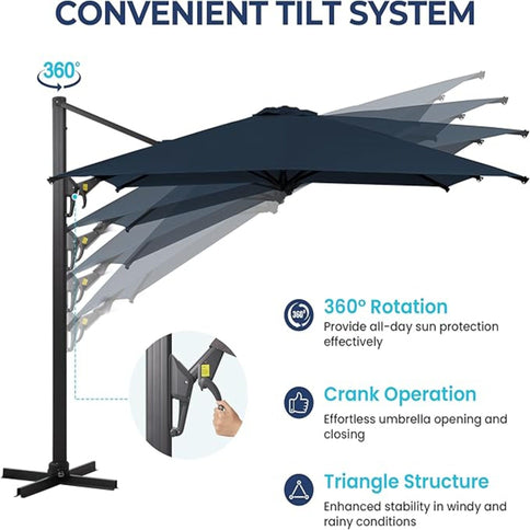 Round Cantilever Patio Umbrella With 360 Rotation & Infinite Tilt Adjustment