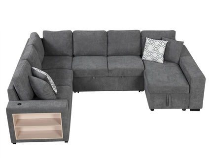 U-Shaped Sectional Sofa Pull-Out Sofa Bed With Two USB Ports, A Storage Chaise Lounge And Four Back Pillows For Living Room