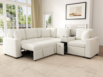 Modular L-Shaped Sectional Sofa Bed With Pull-Out Sleeper, Cup Holders, And Storage