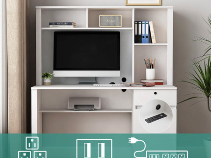 Computer Desk With Hutch & Bookshelf, Wood Executive Desk Teens Student Desk Writing Laptop Home Office Desk With Drawers, 3 Ac Outlets And 2 USB Charging Ports, Study Laptop Table For Home - White