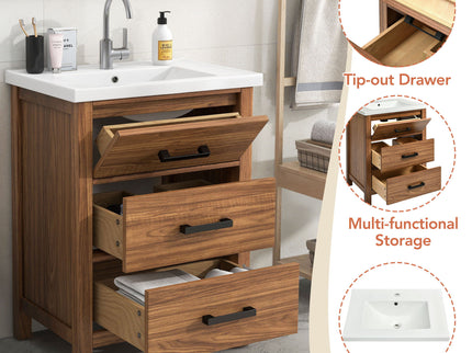 24'' Bathroom Vanity With Basin Sink, 3 Drawer Storage Cabinet - Natural Wood