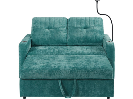 Modern Loveseat Pull Out Sofa Bed With Adjustable Backrest, Two Cup Holders, A Phone Holder, Three Charging Ports And Side Storage Pockets For Living Room