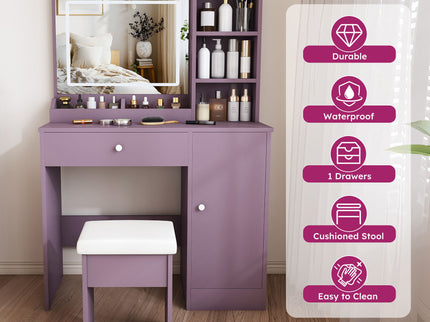 Vanity Desk Set With Padded Stool & Adjustable LED Mirror, 3 Color Mode Lighting, Compact For Bedroom - Purple