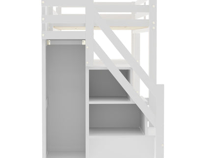 Loft Bed With 4 Layer Shelves, Storage Staircase, Small Wardrobe And LED Light