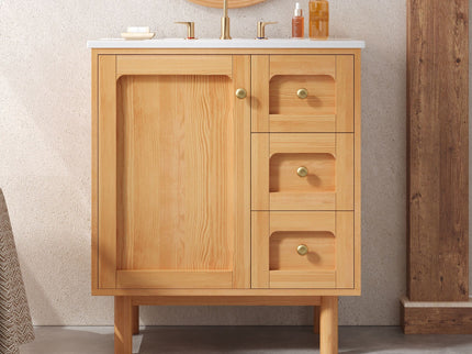 Bathroom Vanity With Sink, 3 Drawers, Soft Close Door - Natural Wood