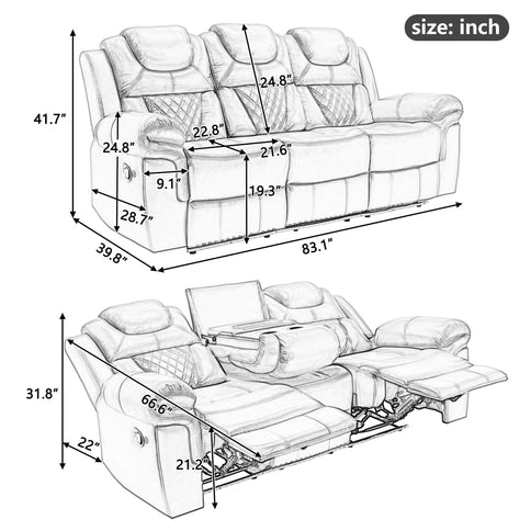 3 Pieces Recliner Sofa Sets Home Theater Seating Manual Recliner Chair With Center Console And LED Light Strip For Living Room