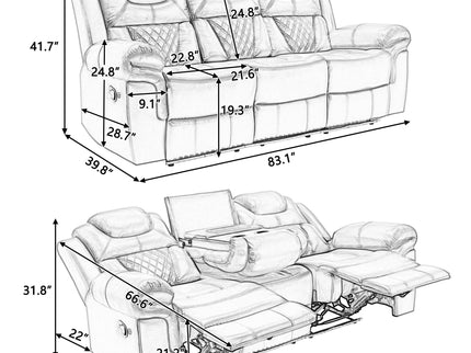 Home Theater Seating Manual Recliner Chair With Center Console And LED Light Strip For Living Room - Red