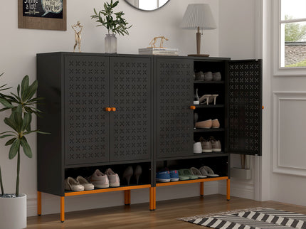 Grid Double Door Shoe Cabinet With Adjustable Compartments And Moisture-Proof Design In Metal