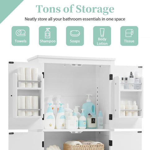 Elegant Bathroom Floor Storage Cabinet With 4 Doors, Adjustable Shelves