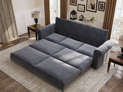 3 In 1 Convertible Sleeper Sofa With Nailhead Trim & Rolled Arm