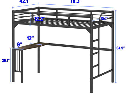 Twin Metal Loft Bed With Desk, Ladder And Guardrails, Bookdesk Under Bed - Black