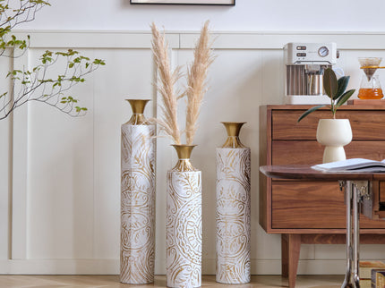 Floor Metal Vases Decorated Metal Vases (Set of 3) Gorgeous Home Decoration Large Glazed Metal Vases - White / Gold