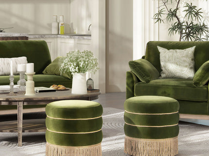 Edward - Round Upholstered Ottoman With Bullion Fringe - Olive Green
