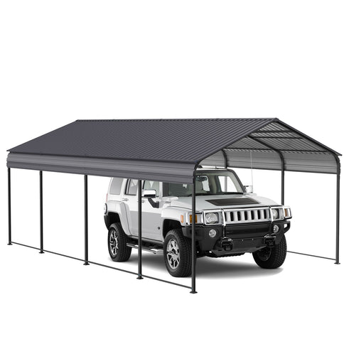 Metal Carport 12 X 20 Ft Heavy Duty With Galvanized Steel Roof Metal Garage Canopy With Galvanized Steel Roof & Frame Car Tent Outdoor Storage Shed For Car Boats And Truck - Alabaster / Dark Gray