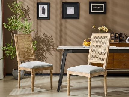 French Country Dining Chair With Rectangular Cane Backrest And Smooth Upholstered Seating