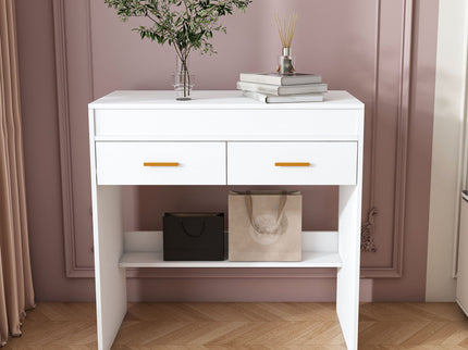 Flip Top Vanity Desk With LED Mirror & Outlet Makeup Table With 2 Drawers, Open Storage, And Jewelry Hooks - White