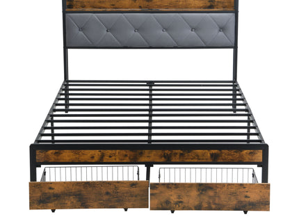 Modern Bed Frame With LED Lights, Upholstered Headboard, USB Charging