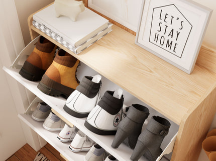 Shoe Storage Cabinet With 2 Flip Drawers, Compact Entryway Organizer - Natural / White