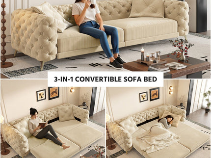 3 In 1 Convertible Sleeper Sofa, Pull Out Bed, Button Tufted, 4 Seater Couch With Movable Ottoman For Apartment - Apricot