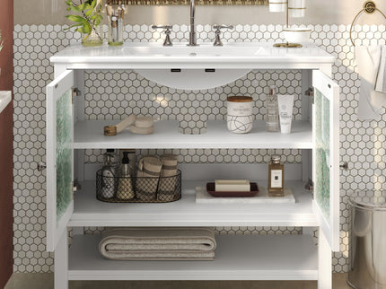 Bathroom Vanity With Ceramic Sink, Adjustable & Open Shelf