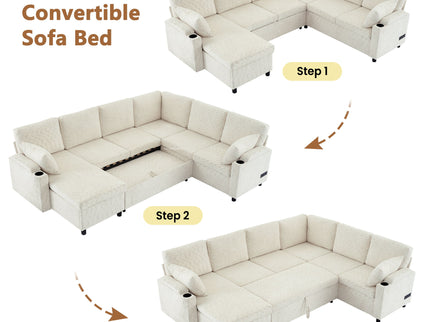 U-Shaped Sectional Sleeper Sofa With Ample Storage Space, 2 Cup Holders And Charging Ports For Living Room