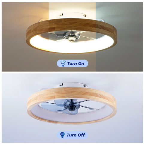 Ceiling Fans With Lights And Remote, 3000 - 6500K Dimmable Flush Mount LED Fan Light, 6 Speeds, Quiet DC Motor For Living Room - Matte White / Natural Wood