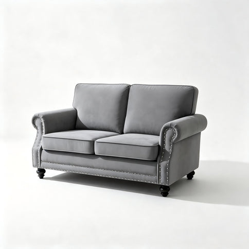 Loveseat Sofa With Nailhead Detail & Turned Legs, 2 Seater Upholstered Couch