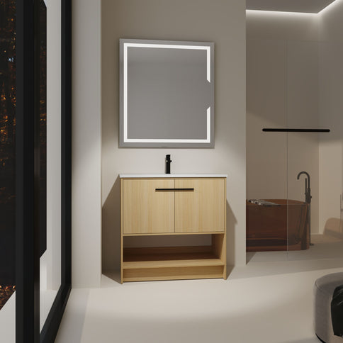 Modern Bathroom Vanity With Ceramic Sink, Freestanding Cabinet, Soft Closing Doors