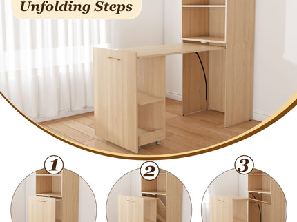 Stretchable Office Desk With Storage Shelves And Mobile Wheels