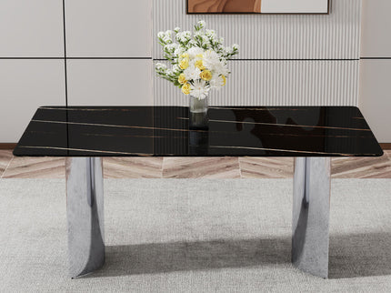 Modern Minimalist Dining Table With Imitation Marble Glass Desktop And Metal Legs