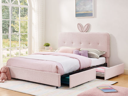Upholstered Bed With Oversized Rabbit Ear Headboard, LED Lights & 4 Storage Drawers