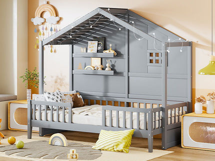 House Bed With Shelves, Window And Sparkling Light Strip On The Roof