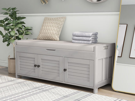 Storage Bench With 3 Shutter-Shaped Doors, Shoe Bench With Removable Cushion And Hidden Storage Space