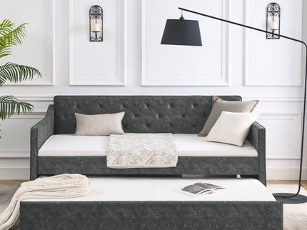Twin Upholstered Daybed With Trundle, Waved Arms - Gray