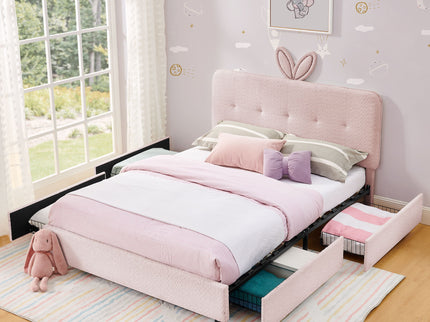 Upholstered Bed With Oversized Rabbit Ear Headboard, LED Lights & 4 Storage Drawers