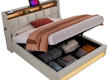 Platform Bed With Hydraulic Storage, LED Lighting & Charging Station
