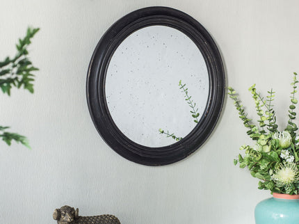 Circle Wall Mirror With Wooden Frame, Antique Classic Accent Mirror, For Living Room - Black