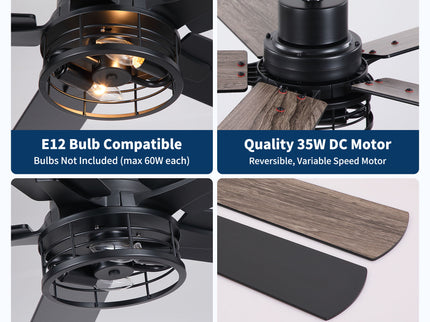 Ceiling Fan With Light, Dual‑Sided Matte Black & Wood Grain Blades - Black