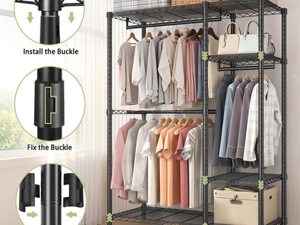 Freestanding Clothes Rack, With 6 Adjustable Wire Shelves And 3 Garment Rails - Black