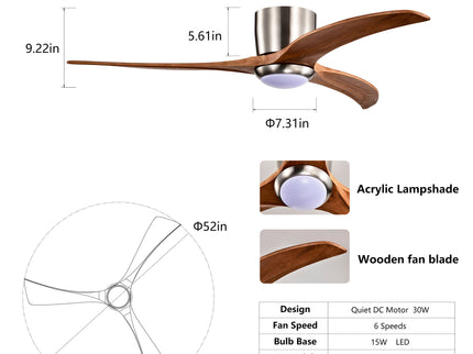 Flush Mount Fan Light, 3 Blades Ceiling Fan With Lights Remote Control, Quiet DC Motor, 6 Speed - Nickel