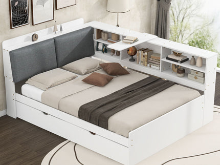 Platform Bed With Trundle, Shelves, And Storage Headboard