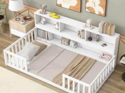 Floor Bed With Bedside Bookcase, Shelves, Guardrails